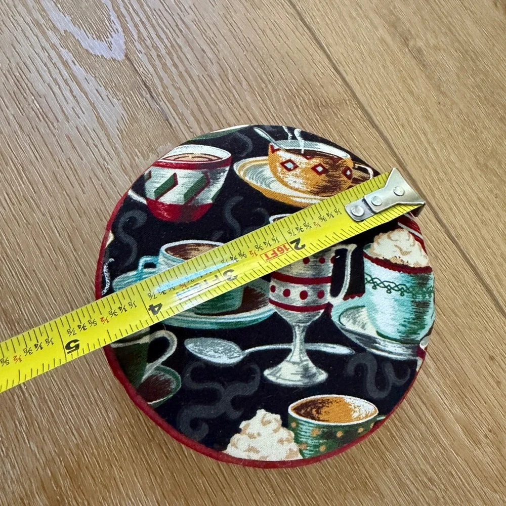 Handmade Fabric Coffee Tea Cup Trinket Box Round Red Velvet Trim Keepsake Case